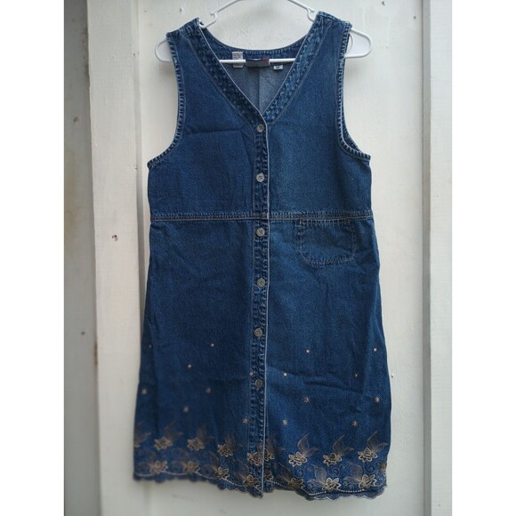 JL NY Sport Denim Jean Dress Womens Med Knee Length Gold Embroidered Cottagecore - Picture 1 of 6